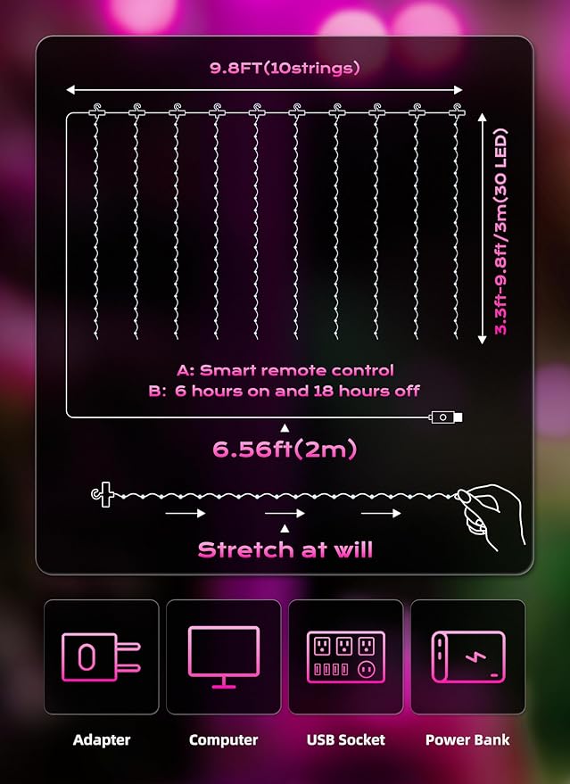 Brightown 300 LED Pink Fairy Curtain Lights, 9.8ft x 9.8ft String Lights, USB Plug in 8 Lighting Modes Christmas String Hanging Lights with Remote for Bedroom Indoor Outdoor Party Xmas Pink 1 Pack