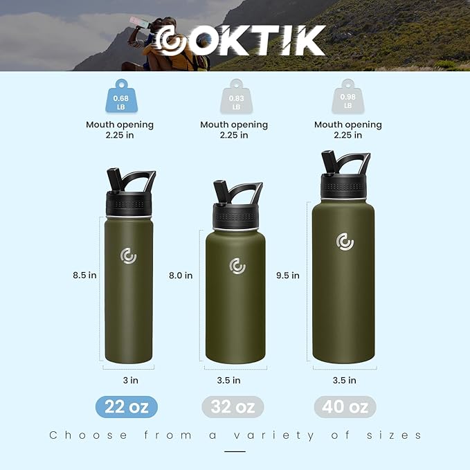 COKTIK 22oz Sports Water Bottle, Stainless Steel Water Bottle for Insulated, Reusable Travel Bottle, With Straw, With Handle Grip for Easy Carrying, Suitable for Cycling, Outdoor Vacations(Army Green)