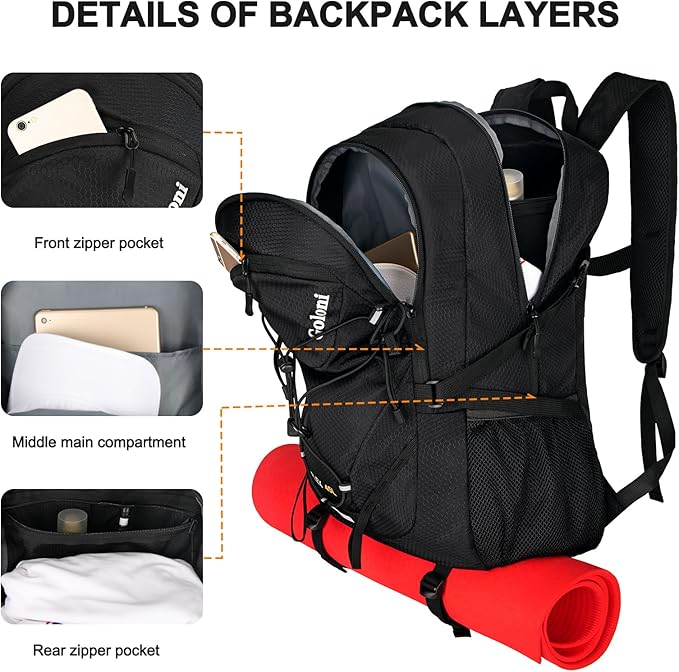 Goloni 45L Hiking Backpack Lightweight Foldable, Waterproof Camping Backpack with Rain Cover & Hiking Pole Mat Carrying System, Ergonomic Water Resistant Daypack for Trekking Travel Men Women,Black