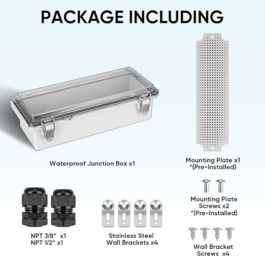 TICONN Outdoor Electrical Box Waterproof, Junction Box IP67 ABS Plastic Enclosure with Hinged Cover with Mounting Plate, Wall Brackets, Cable Glands (Clear, 10.2"x4.3"x3.0")
