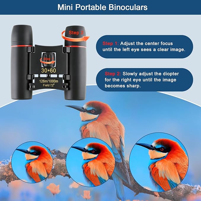 30x60 Mini Compact Binoculars for Adults Kids, HD Portable Waterproof Pocket Binoculars, Lightweight Folding Easy Focus for Bird Watching, Hunting, Concert, Theater, Travel Hiking Outdoor Sports