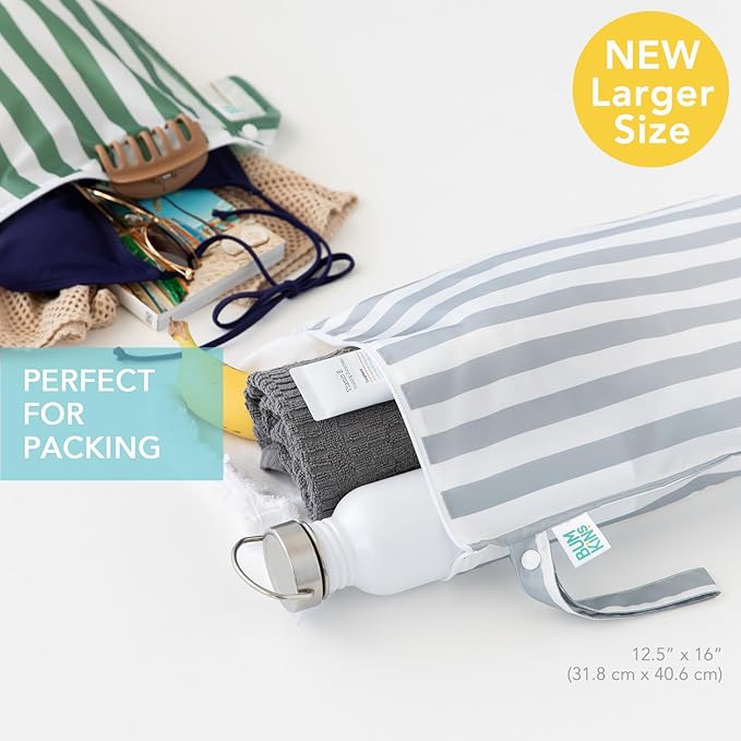 Bumkins - Larger Waterproof Wet Bag - For Baby, Travel, Swim Suit, Cloth Diapers, Pump Parts, Pool, Gym, Toiletry, Strap to Stroller - Reusable & Easy to Clean - 2pk - Gray & Green Stripe