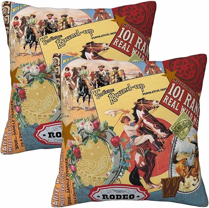 Cowgirls Wild West Pillow Covers 18 X 18 Far East Rodeo Round Up Win Ride Horse Race Wreath Cool Set of 2 Pillow Cases Square Outdoor Throw Cushion Pillowcases Decor Home Bed Sofa Couch Hotel