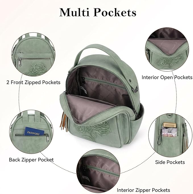 Mini Backpack Purse for Women,Embossed Vegan Leather Small Backpack Fashion Backpacks Daypacks Shoulder Handbag (Green-Flower)