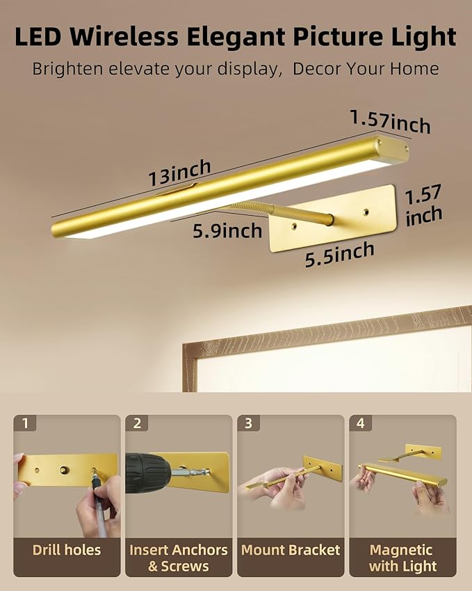 EZVALO Picture Light for Wall, 4800mAh Rechargeable Wireless Remote, Dimmable Magnetic LED Art Display Light with 3 Color Temperatures, for Gallery, Living Room, Bedroom, Hallway (Gold-2Pack)