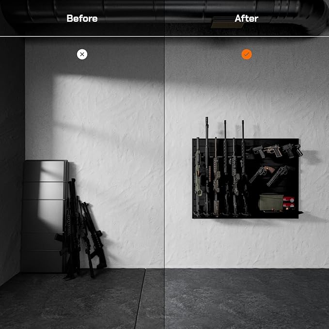 Hold Up Displays Gun Wall Mount Display, Modular Tactical Wall for 6 Pistols and 6 Rifles, Police Gear Rack and Equipment Organizer, Heavy-Duty Aluminum Slatwall Gun Storage System