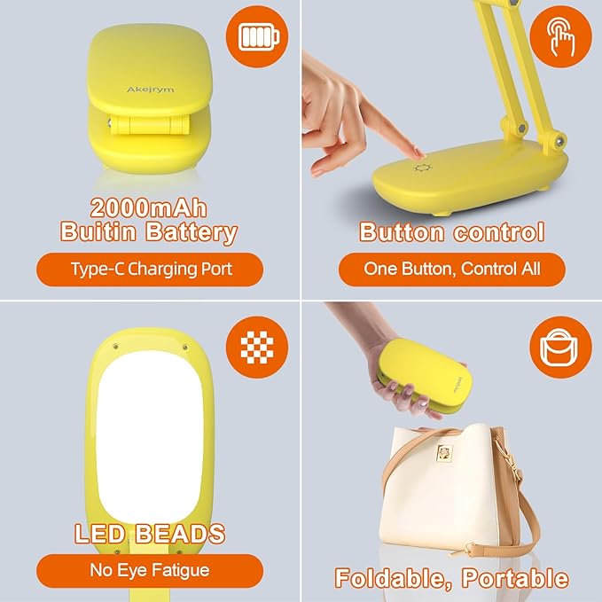 Akejrym LED Desk Lamp for Office Home & Battery Operated Lamp Rechargeable Lamp Foldable & Portable Light, [2-Fold Bracket] 3 Brightness Dimmable Small Desk Lamp Wireless Reading Lamp (Yellow)