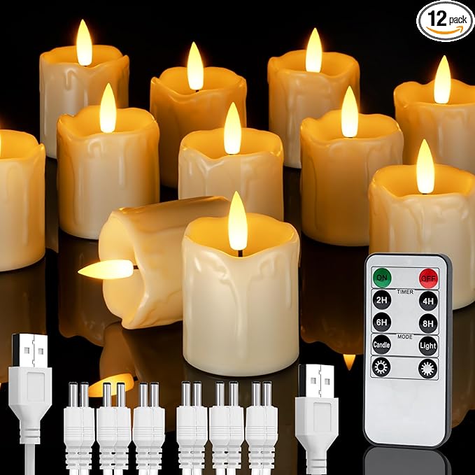 Homemory Rechargeable Flameless Candles with Timer Remote, 2" x 2" Realistic Battery Operated LED Votive Tea Lights, 12Pack Electric Fake Candle in Warm White (USB Charging Cable Included)