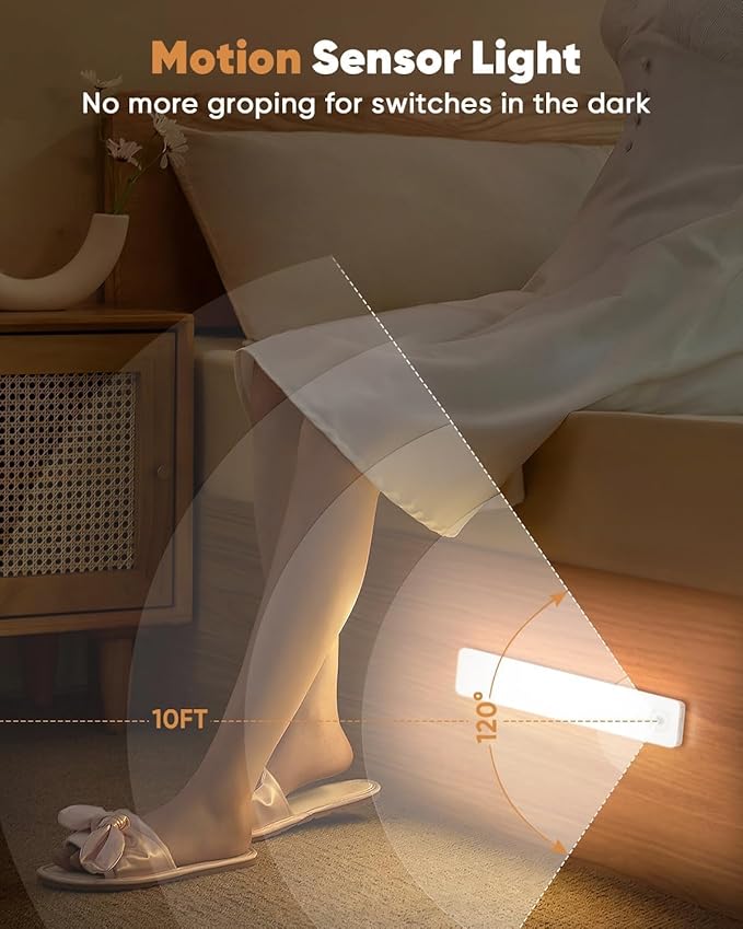 13inch Under Cabinet Lighting, 3 Color Temperatures Motion Sensor Light Indoor, USB Rechargeable Battery Operated Closet Lights, Dimmable LED Cabinet Lights, Under Counter Light for Kitchen (2 Pack)