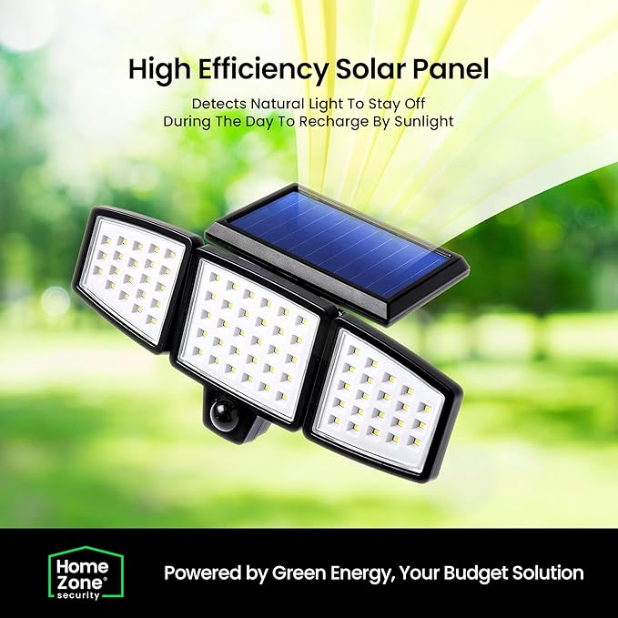 Home Zone Security 2 Packs Solar Flood Lights Outdoor Motion Sensor 120 Degrees Wide Angle, Waterproof Powered for Garden Yard Pathway, 3500K Warm White 1000 Lumens, Adjustable Triple Head No Wiring