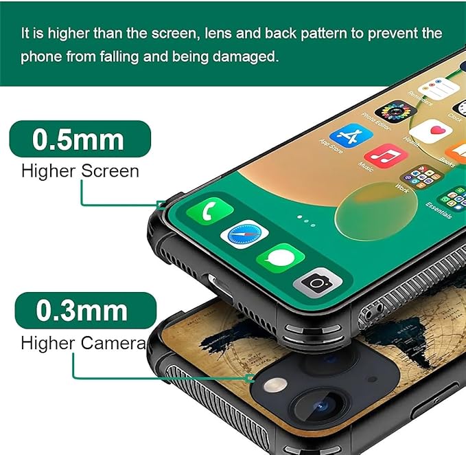 for iPhone 14 Case, Brown World Map Pattern Graphic Design Girl Boy Soft Silicone Hard Acrylic Shock Protection for iPhone 14