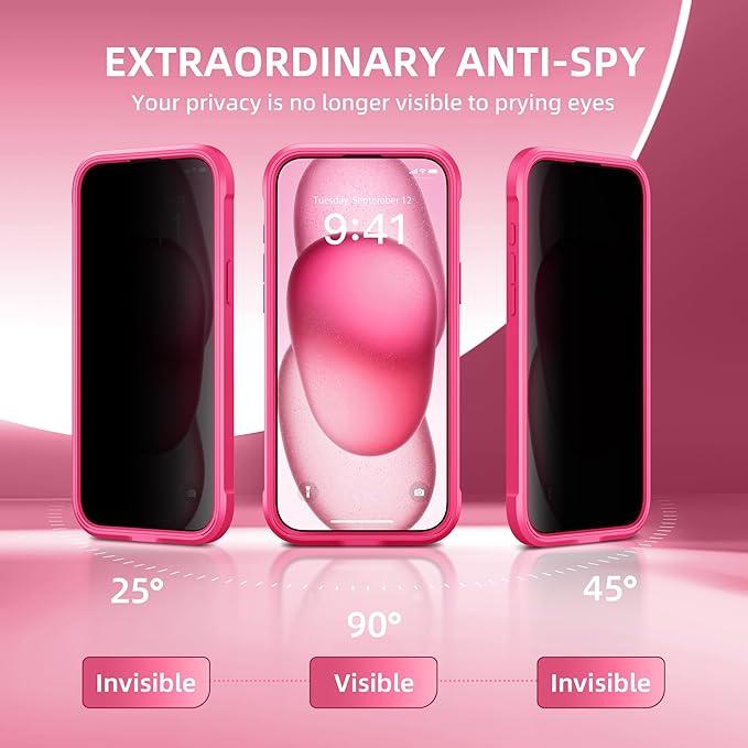 TIESZEN for iPhone 15 Plus Case, Compatible with MagSafe, Built-in Privacy Screen Protector and Camera Protection, Anti Spy Full Body Dustproof Shockproof Hard Phone Case 6.7", Hot Pink