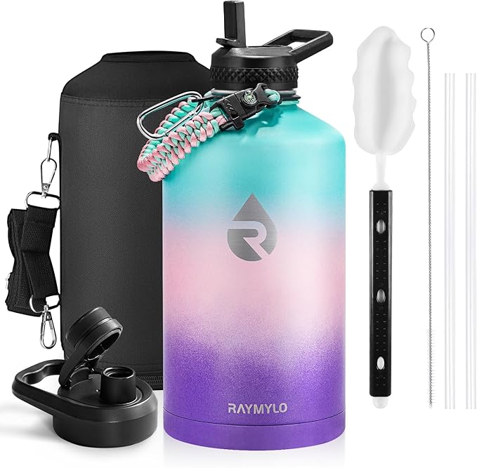 RAYMYLO One Gallon Water Bottle Insulated, Triple Walled Vacuum Stainless Steel (Cold for 48 Hrs), Leak Proof & Non-BPA, Large Water Flask Jug with Paracord Handle & Straw Spout Lids