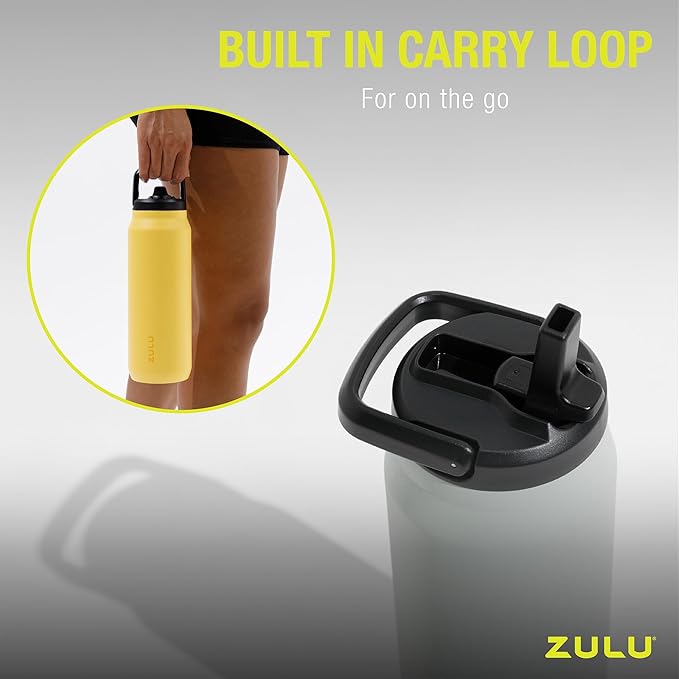 ZULU Base 24oz Stainless Steel Water Bottle with 3 Lids- Straw, Chug, Twist | Double Walled and Vacuum Insulated Metal Thermos | Fits Car Cupholder, Built in Carry Loop, Dishwasher Safe, Vitamin C