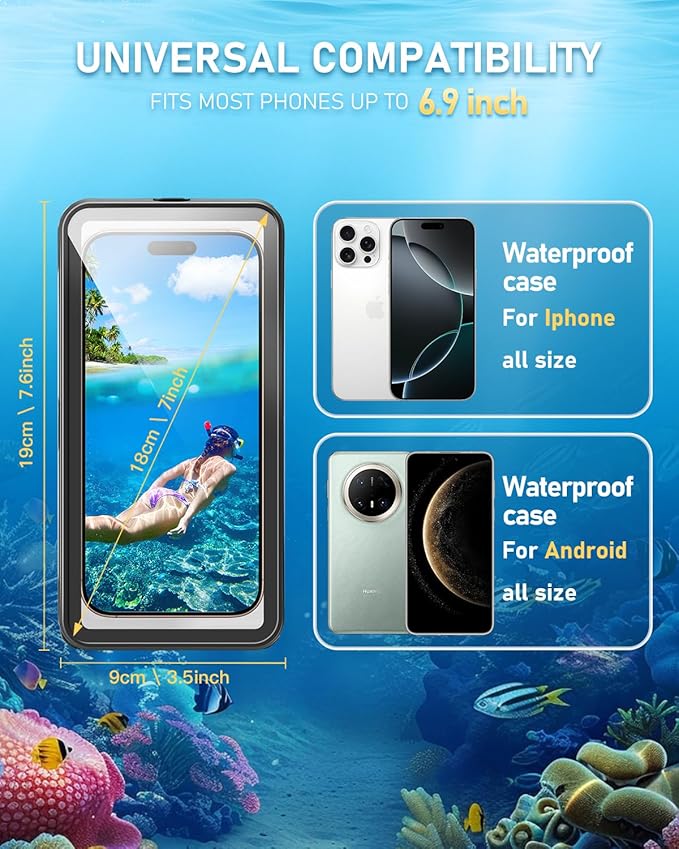 Waterproof Phone Case, IPX8 Underwater Floating Pouch for Snorkeling Swimming Beach Cruise Travel, Water Proof Dry Case for iPhone 16/15/14 Pro, Samsung Galaxy S26/S25/S24/S23/S22 (Black)