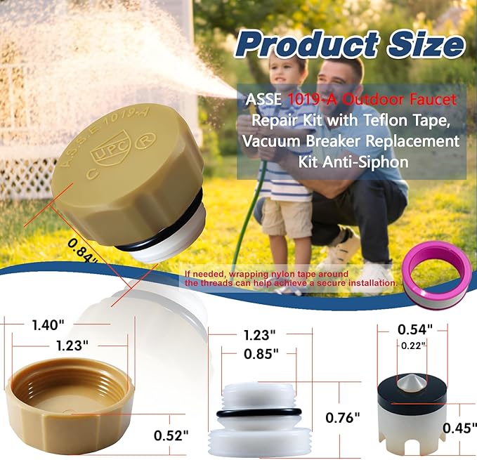 ASSE 1019-A Outdoor Faucet Repair Kit with Teflon Tape, Vacuum Breaker Replacement Kit Anti-Siphon Frost-Free Hose Bib Sillcock Valve Replacement（1 Pack）