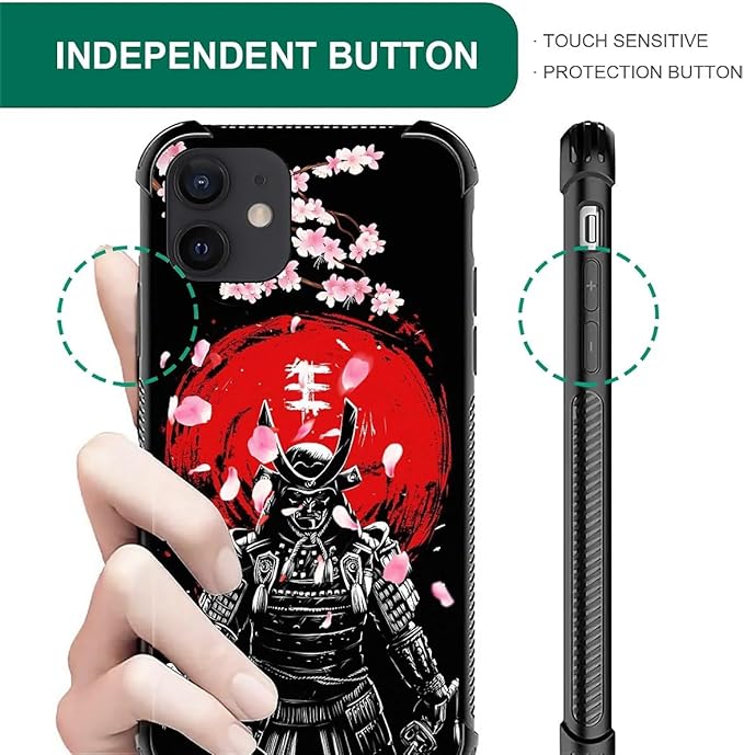 for iPhone 12/12 Pro Case, Sakura Japanese Samurai Pattern Graphic Design Girl Boy Soft Silicone Hard Acrylic Shock Protection for iPhone 12/12 Pro