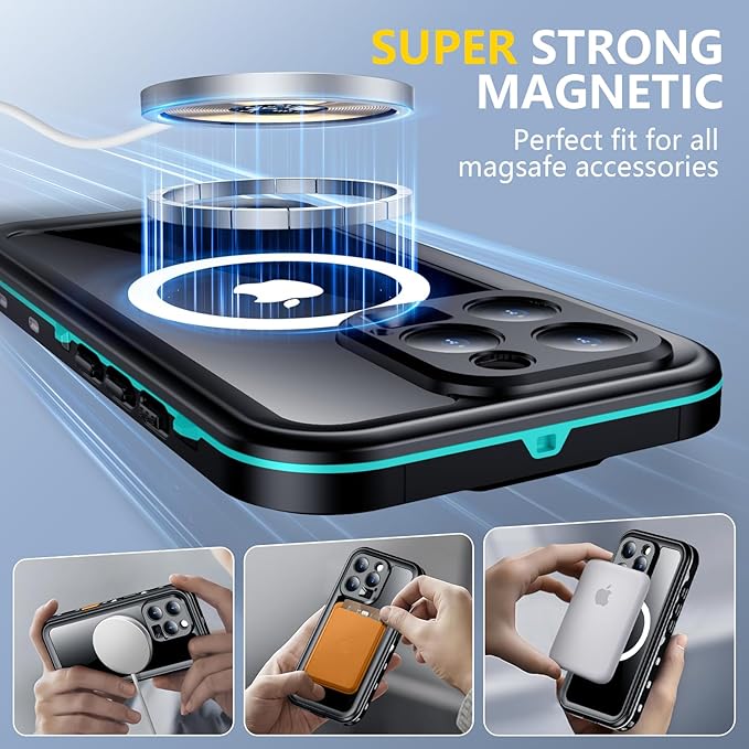 Red2Fire for iPhone 16 Pro Max Case Waterproof, [Built-in Screen Protector & Camera Protector][Compatible with MagSafe][Full Body Shockproof][IP68 Waterproof][Dustproof] Phone Case 6.9" Blue/Clear