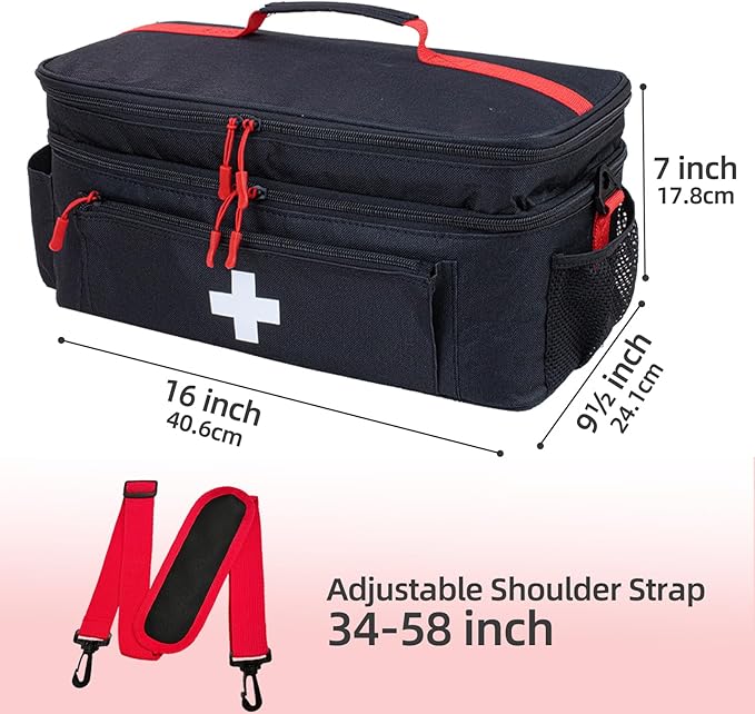 ALSLEA First Aid Bag Empty Large Medical Bag with Shoulder Strap 16”x 9.5” x 7” Medicine Organizer Travel First Aid kit Emergency Supplies Storage Bag for Car, Home, Office, Outdoor (Black)