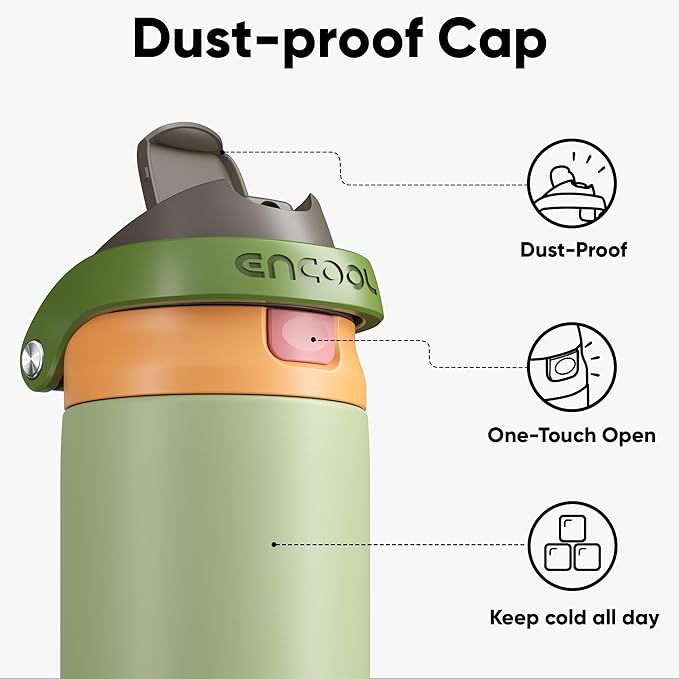 ENCOOL Leakproof Insulated Water Bottle with Straw Dual-Sip Water Bottle Bag-Safe Design for Work, Commute & Gym – Keeps Drinks Cold All Day, 18 oz, Sage Green