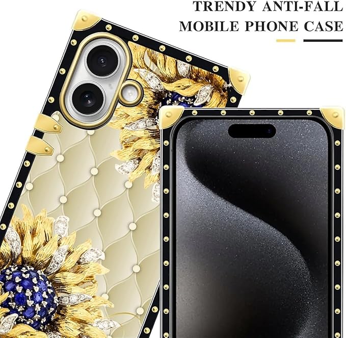 for iPhone 17 Case Luxury Golden Decoration for Girl Women Soft TPU Shockproof Protective Hard PC Back for iPhone 17 Crazy Pattern Sunflower Diamonds Leather