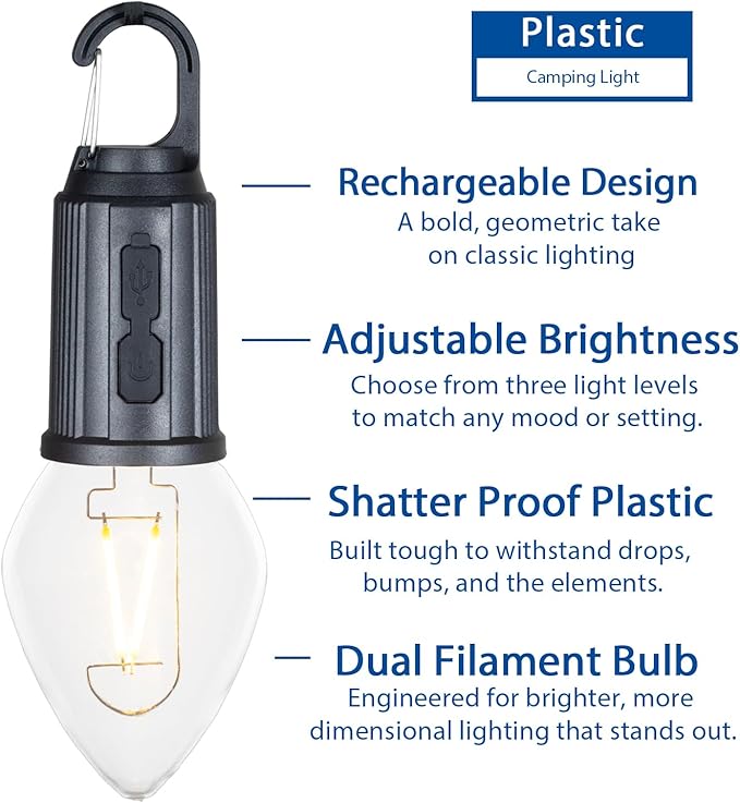 4-Pack Rechargeable Camp Light, Warm White LED Teardrop Bulb, Battery Powered with USB-C, Shatterproof Globe on Carabiner, 3 Brightness Levels