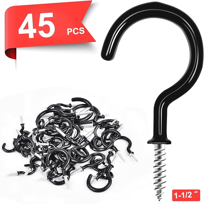 Cup Screw Hooks,1-1/2 inch Vinyl Coated Ceiling 45 Pack Screw in Hooks Plant Hanger Kitchen Cup Hooks Great for Hanging Indoor & Outdoor Use(Black)