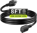16/3 Black Extension Cord 8 FT, Indoor Extension Cord for Laptops, Coffee Makers, Office Home Appliances, 3 Prong Resistant Cable Flexible, 13A 125V 1625W ETL Listed