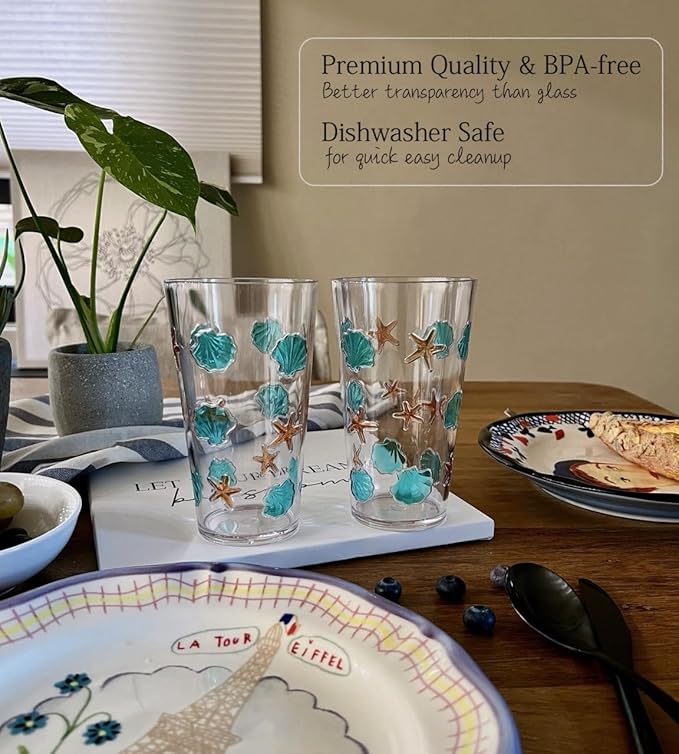 KLIFA- HAWAII series- 20.9 ounce, Set of 6, Sea World Acrylic Drinking Glasses, Shatter-proof Tumblers, BPA-Free, Stackable Plastic Drinkware, Dishwasher Safe Cups, Clear with 2-color printing