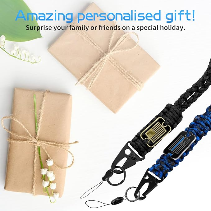Thin Blue Line Paracord Keychain Neck Lanyard for Keys with Cool USA Flag Men Women, Long Heavy Duty Braided Keychain Lanyard for Wallets, Keys, Whistle，Camera, Phone, Outdoor Activities