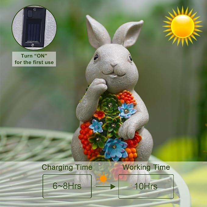 Nacome Solar Garden Outdoor Statues Bunny with Succulent and 7 LED Lights – Lawn Decor for Patio, Balcony, Yard Ornament for Mom Grandma Women