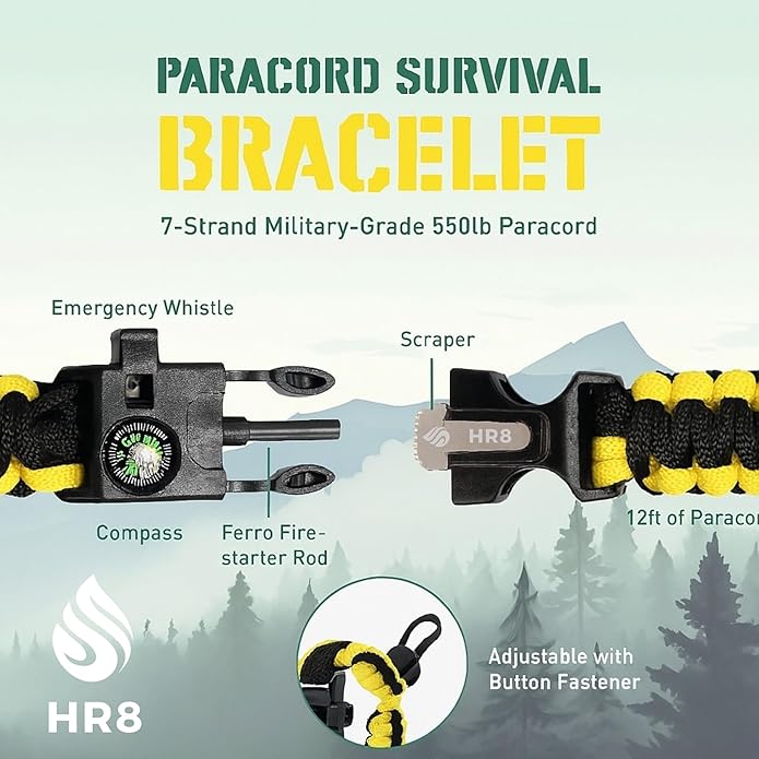 HR8 Paracord Survival Bracelet (3 Pack) – Adjustable Paracord Bracelets, Hunting Gear with Fire Starter, Compass, Whistle & 12ft 550 Cord – Camping & Hunting Essentials (Black, Camo, Yellow)