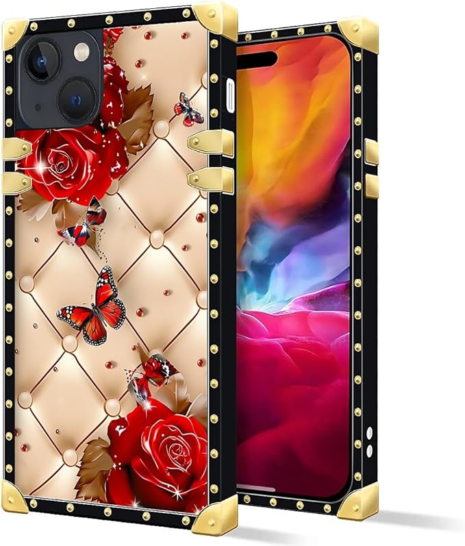 Compatible with iPhone 15 Case, Shining Red Rose Butterfly Leather Background Luxury Golden Decoration for Girl Women Soft TPU Shockproof Protective Hard PC Back for iPhone 15