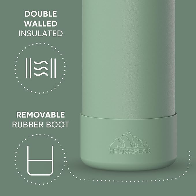 Hydrapeak 40oz Sport Insulated Water Bottle with Straw & Chug Lid, Leak & Spill Proof, Keeps Drinks Cold for 24 Hours, Hot for 12 Hours, Premium Stainless Steel Water Bottles (40oz, Sage Leaf)