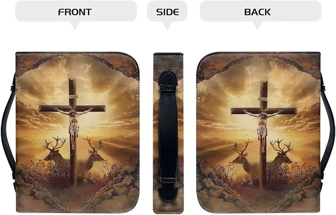 Bible Study Christian Gifts for Women Bible Cover for Men Church Bag with Handle Pu Leahter Bible Case(Deer Cross Sunset 2)