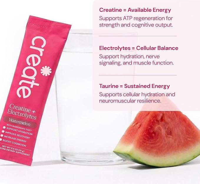 Create Creatine + Electrolytes Mix - Creatine Monohydrate Stick Packs, Supports Energy and Hydration, NSF Certified for Sport, 30 Count, Watermelon