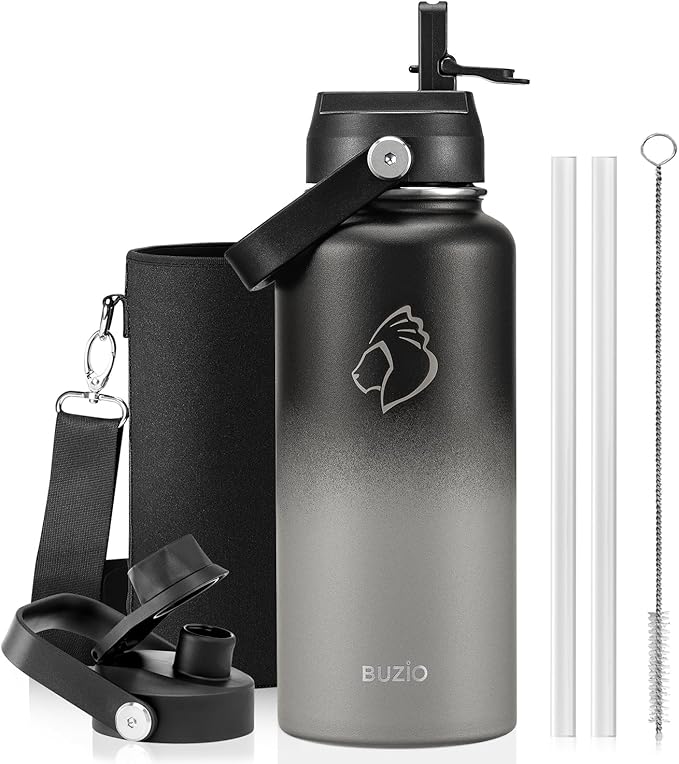 BUZIO 32 oz Water Bottle Insulated, Leakproof Stainless Steel Flask (Cold for 48 Hrs), Wide Mouth BPA-Free Metal Thermo Hydro Canteen with 2 Lids,Shadow