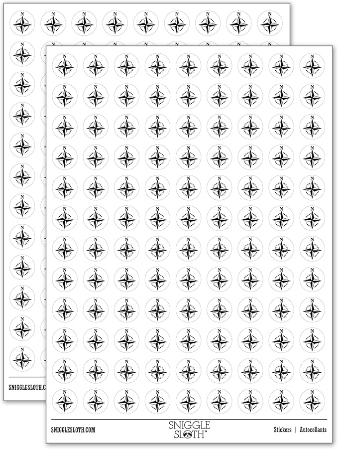 Compass Rose Nautical Star Navigation Map 200+ Round Stickers - Matte Finish - 0.50" Size - White