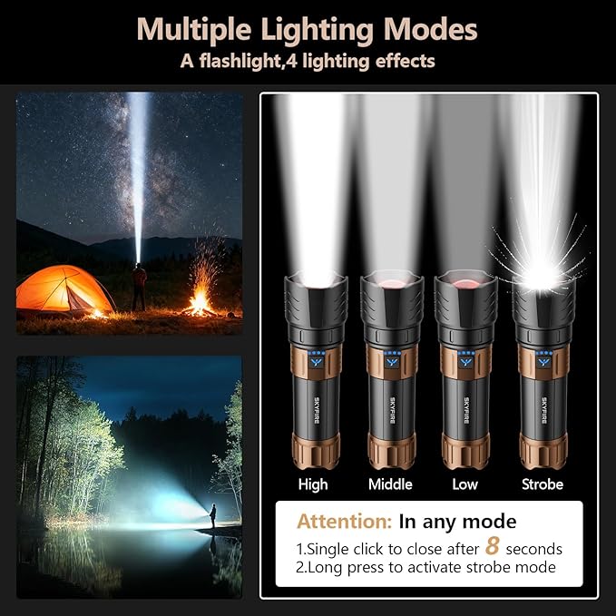SKYFIRE Rechargeable Flashlights High Lumens Plus with Ignition Lens,3000lm Super Bright Flashlight,7500mAh,Zoomable,Waterproof Tactical Flash Light for Camping Essentials Outdoor Home&Gifts-Upgraded