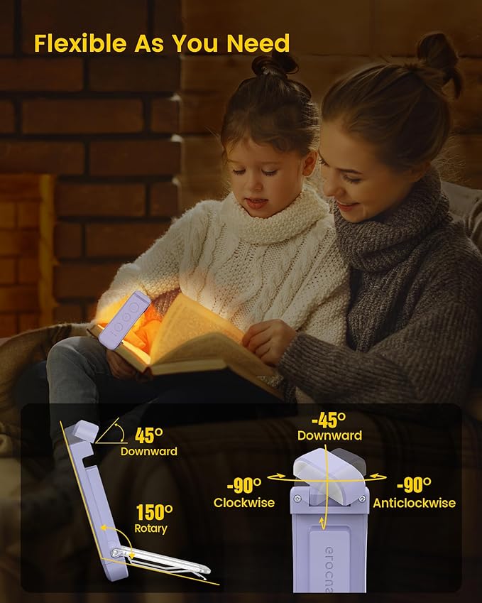 Glocusent USB Rechargeable Book Light, Portable Clip-on LED Reading Light, Reading Lights for Books in Bed with 3 Amber Colors & 5 Brightness Dimmable, Compact & Long Lasting, Perfect for Book Lovers