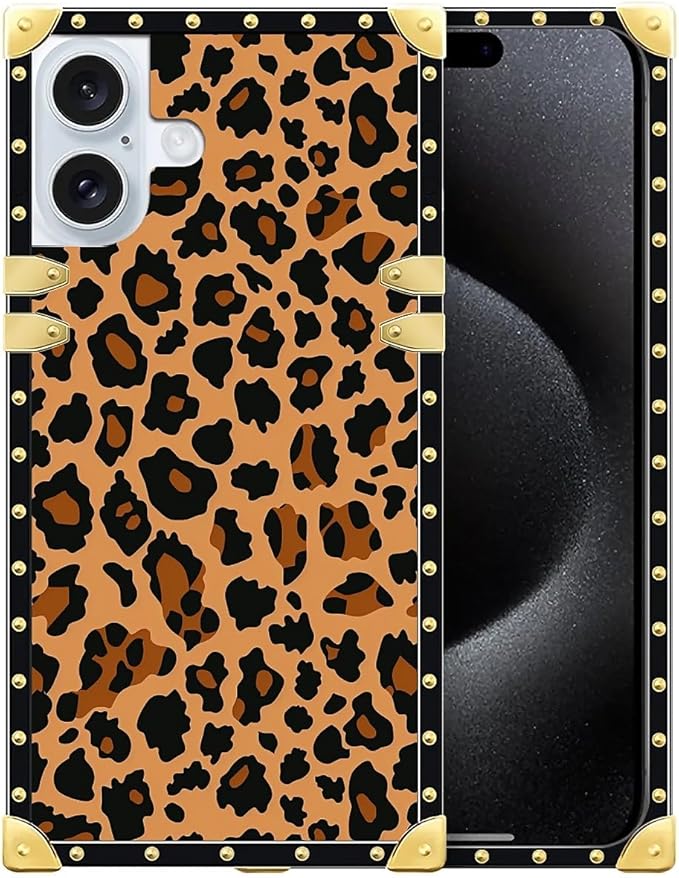 Compatible with iPhone 16 Plus Case, Brown Leopard Texture Luxury Golden Decoration for Girl Women Soft TPU Shockproof Protective Hard PC Back