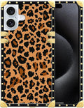 Compatible with iPhone 16 Plus Case, Brown Leopard Texture Luxury Golden Decoration for Girl Women Soft TPU Shockproof Protective Hard PC Back
