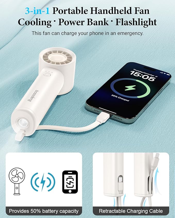 Portable Handheld Fan with Power Bank(High-Speed),3 IN 1 USB Rechargeable Mini Personal Fan with Flashlight,Small Size for Outdoor/Travel/Beach/Concerts/Summer.Gifts for Girl,Women. White