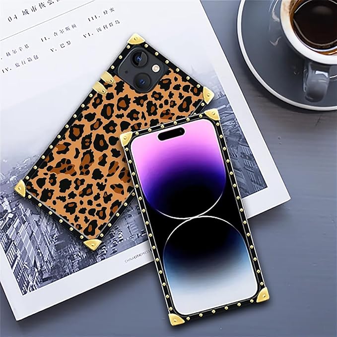 Compatible with iPhone 14 Case, Brown Leopard Texture Luxury Golden Decoration for Girl Women Soft TPU Shockproof Protective Hard PC Back for iPhone 14