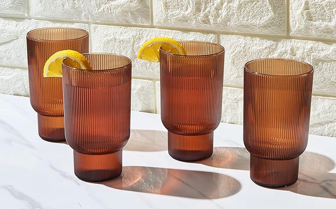 Shatterproof Acrylic Tall Drinking Glasses Set, European Style, Dishwasher Safe, Ribbed | Set of 4 | Fluted Tritan, Unbreakable BPA-free Plastic, Reusable Stackable Glassware 14.5oz - Burnt Orange