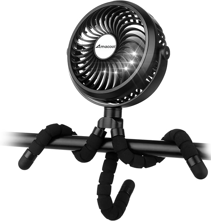AMACOOL Battery Operated Stroller Fan, Baby Travel Essentials for Beach Disney, Newborn Boy & Girl Showers Gifts Registry Search, Rechargeable Clip On Fan for Car Seat Wagon Crib Bike Treadmill