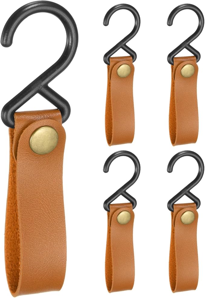 uxcell 5pcs PU Leather Hooks, S-Shape Hooks for Outdoor Camping Hanging Pots Pans Utensils, Light Brown