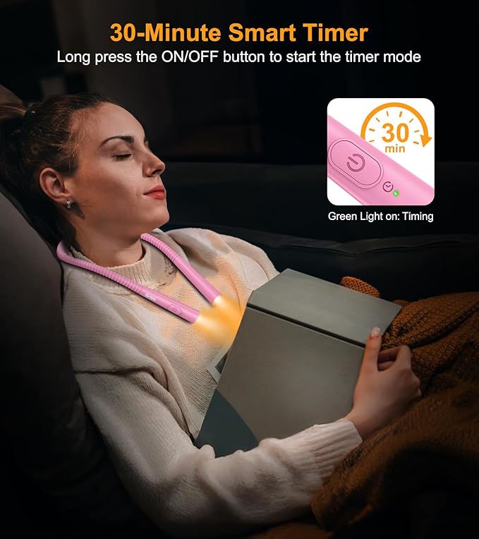 Gritin Book Light, Eye Caring 4-Color & 5-Brightness Neck Light Reading Light- Stepless Dimming,30-min Timer,80+ Hrs Runtime,Bendable Round Neck Design, Lightweight for Reading-Rose