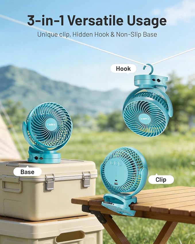 Camping Fan with Remote Control - 12000mAh Rechargeable Battery Powered Fan, Camping Fans for Tents with LED light & Hanging Hook, Rechargeable Battery Operated Ceiling Fans for Tent RV Bed, Blue