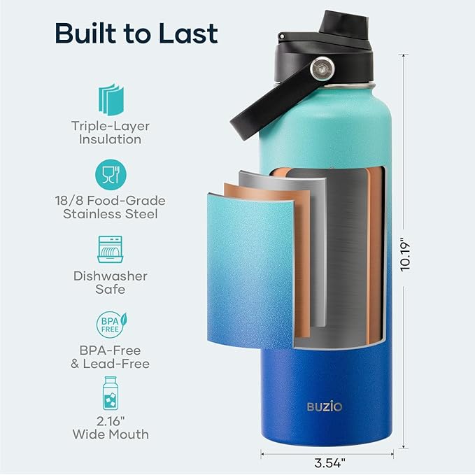 BUZIO Water Bottle Insulated 40oz, Triple Wall Vacuum Stainless Steel Flask (Cold for 48 Hrs), Leakproof BPA-Free Wide Mouth Metal Jug Hydro Canteen with 2 Lids, Sea Breeze